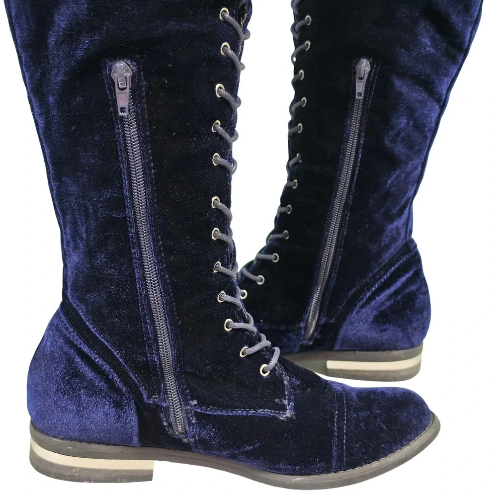 Steampunk Tall Boots Womens 7.5 Blue Jermesha Velvet Lace Up Side Zip Boots